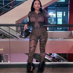 Brown Sheer Dragon Print Jumpsuit